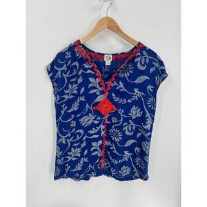Irving & Fine Blouse Womens M Blue Red‎ Embroidered Botanical Cap Sleeve Top